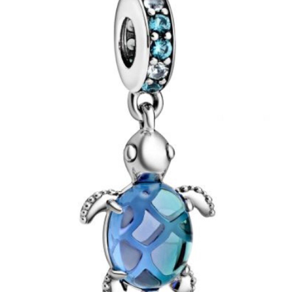 New Pandora Sea Turtle Dangle Murano Blue Glass Charm Bead w/pouch